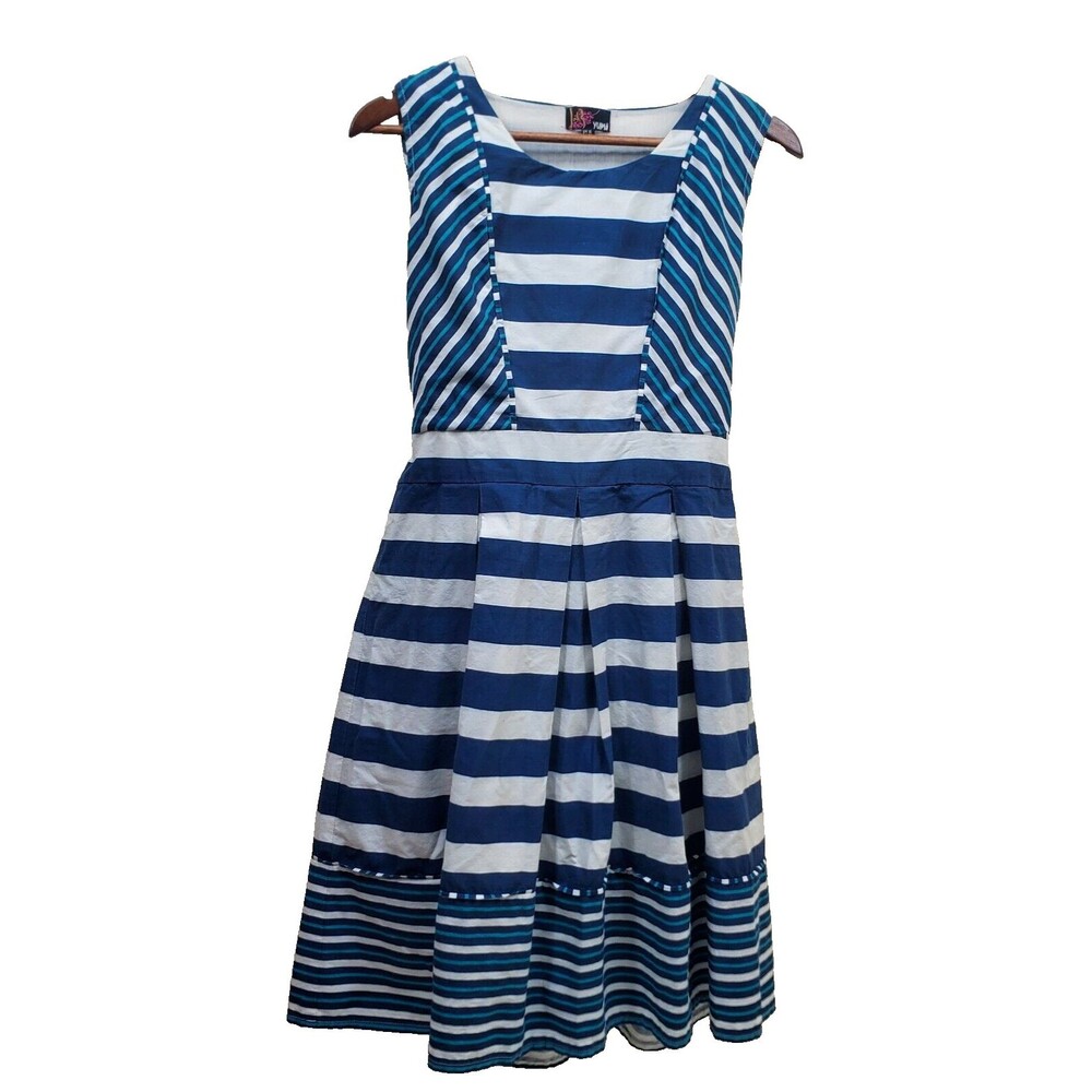 Yumi Stripped Dress Blue White Cottage Core Lined Sleeveless Women's Size 10/12